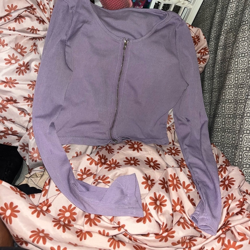 Lilac Ribbed Zip-Front Long-Sleeve Top